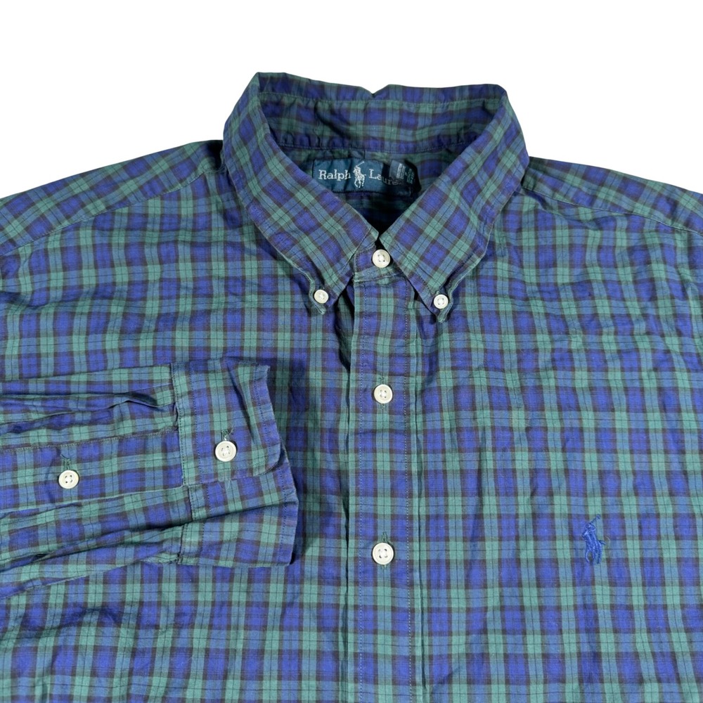 Ralph Lauren Button Down Shirt Mens XXL Blue Green Plaid Long Sleeve Pony Logo